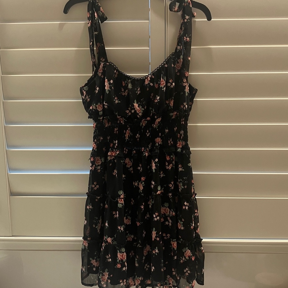 Trixxi Black Midi Dress with Pink and Green Floral Design